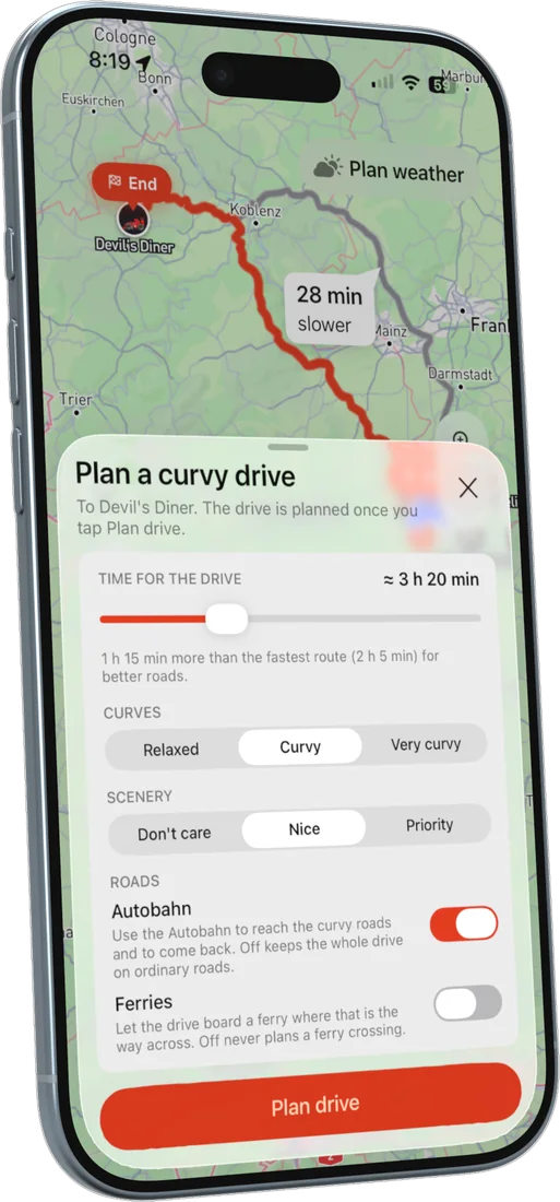Planning a curvy drive in RiveDrive