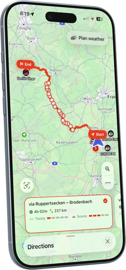A curvy route planned by RiveDrive