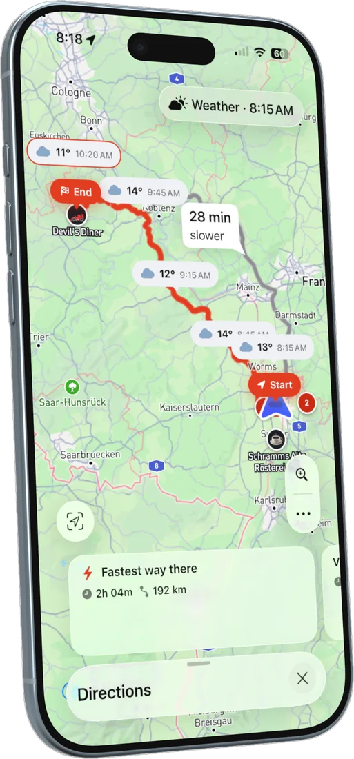 The forecast along a route, per section